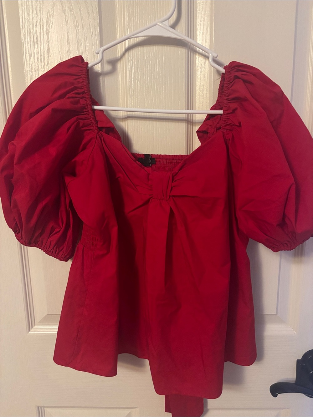 Express Red Puff-Sleeve Bow Front Blouse